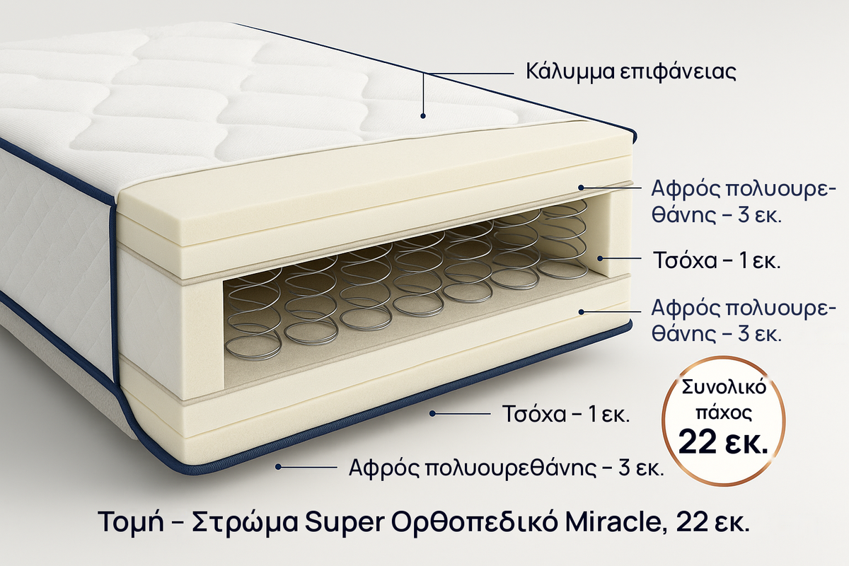 Τομή – Στρώμα Super Ορθοπεδικό Miracle, 22 εκ.: στρώσεις και πάχος