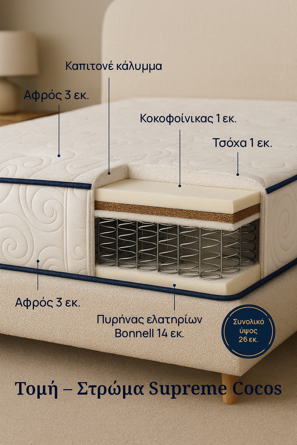 Τομή – Στρώμα Super Ορθοπεδικό Supreme Cocos, 26 εκ.: στρώσεις και πάχος